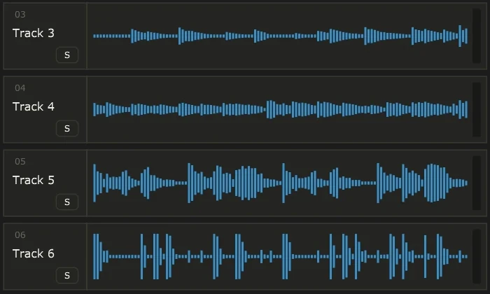 Four loop tracks in Lightning, each with its waveform and a solo button