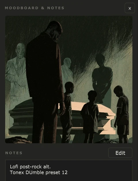 The moodboard and notes panel: an image above notes reading "Lofi post-rock alt. Tonex Dumble preset 12"
