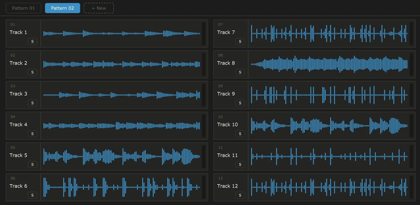 All twelve tracks of a Lightning project on one screen, in two columns