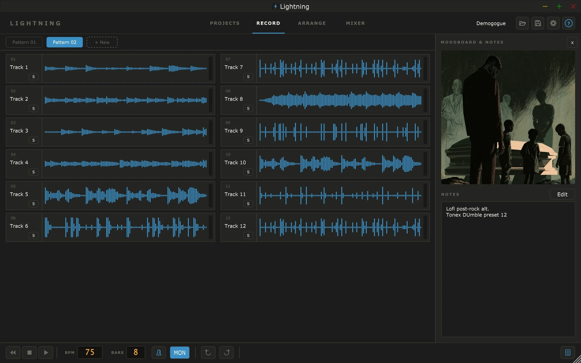 Lightning RECORD screen: twelve recorded loop tracks, pattern pills, BPM and BARS displays, and the moodboard and notes panel
