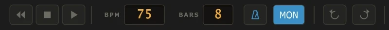 The transport bar: rewind, stop, play, the BPM and BARS displays, metronome and MON (input monitoring)