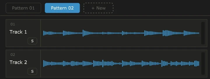 Pattern pills above the tracks: Pattern 01, Pattern 02 and + New
